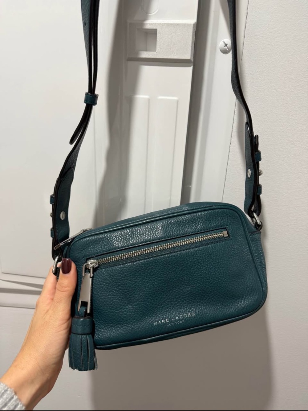Marc Jacobs Teal Pebbled Leather Crossbody Camera Bag with Tassel